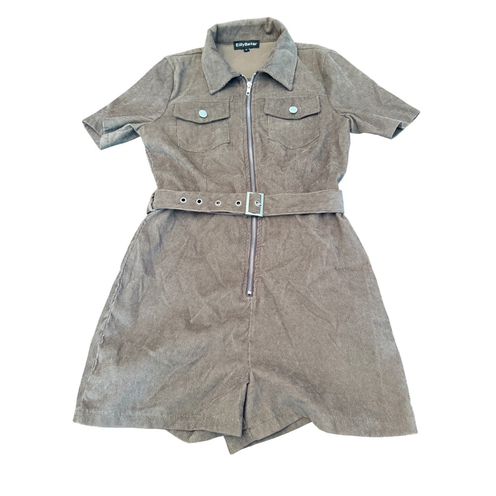 EillyBazar Womens Corduroy Utility Romper Brown Belted Zip Front Short Sleeve S